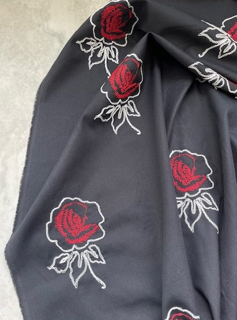 COMO LA FLOR EMBROIDERED ROSES ON A BLACK COTTON BASE