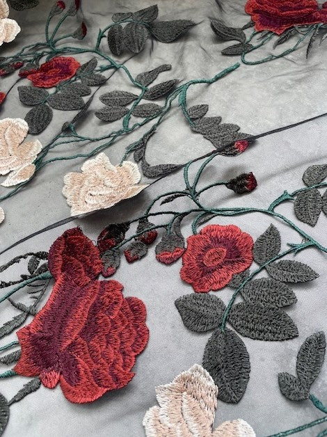 ANNABELLA SILK & COTTON EMBROIDERED ROSES ON A BLACK NYLON BASE (3m)