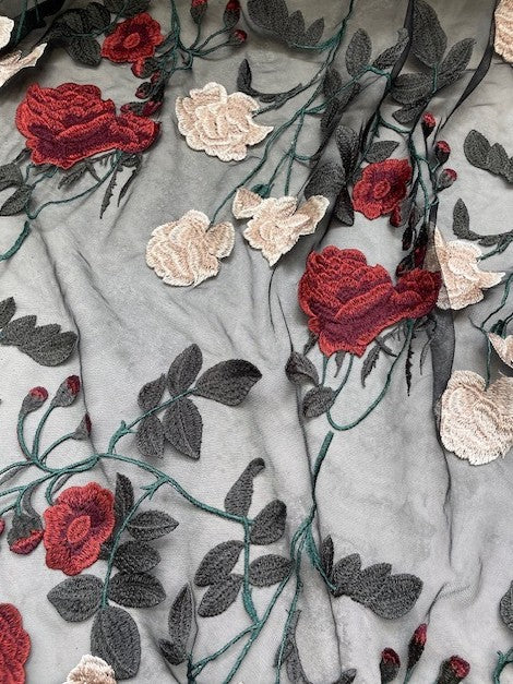 ANNABELLA SILK & COTTON EMBROIDERED ROSES ON A BLACK NYLON BASE (3m)