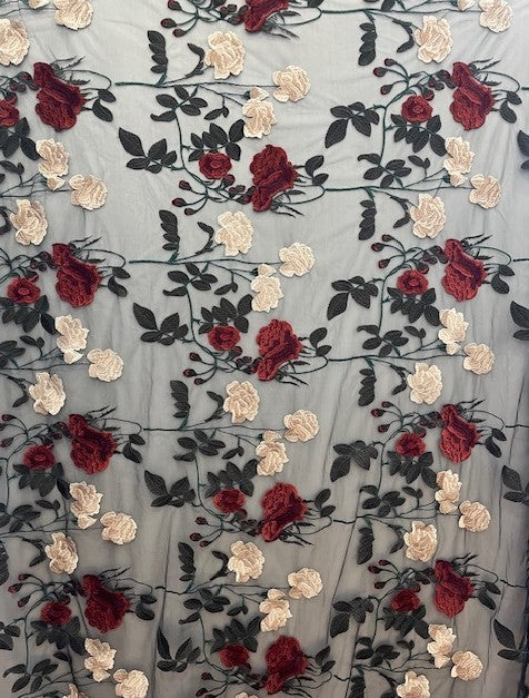 ANNABELLA SILK & COTTON EMBROIDERED ROSES ON A BLACK NYLON BASE (3m)