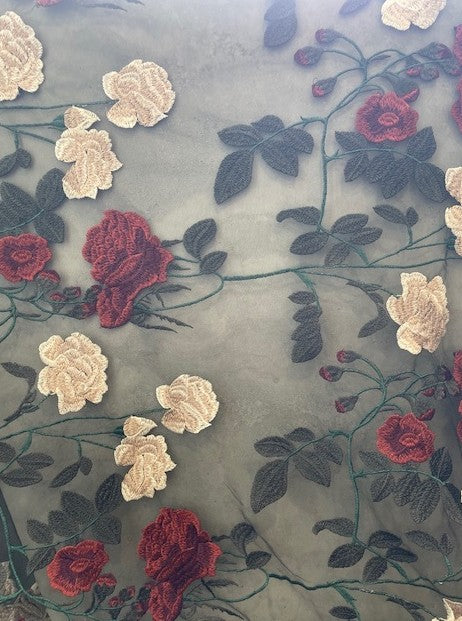 ANNABELLA SILK & COTTON EMBROIDERED ROSES ON A BLACK NYLON BASE (3m)
