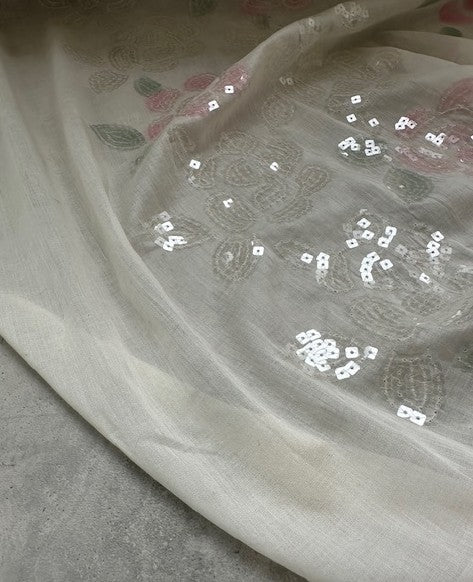 FREYA  COTTON VOILE WITH TRANSPARENT SEQUIN BORDER OF FLOWERS