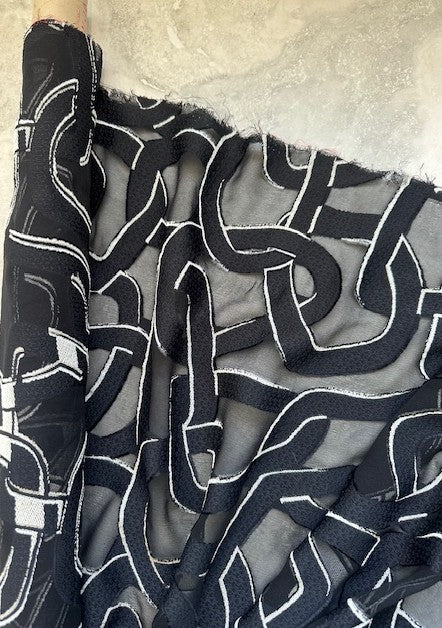 LINKED ACETATE & POLYESTER ON A SHEER BLACK BASE (2m Length)