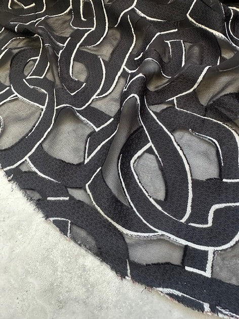 LINKED ACETATE & POLYESTER ON A SHEER BLACK BASE (2m Length)