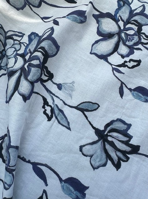 HANA BLUE FLORAL PRINT ON COTTON BASE 2.1m Length)