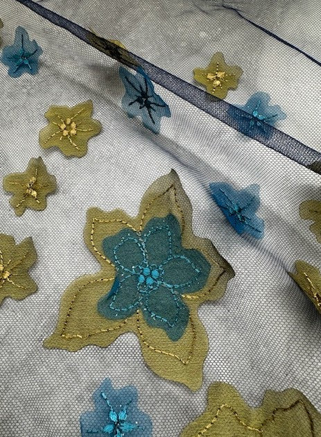 FRENCH ALL OVER LASER CUT FLORAL APPLIQUE ON A BLUE TULLE BASE