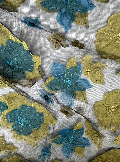 FRENCH ALL OVER LASER CUT FLORAL APPLIQUE ON A BLUE TULLE BASE