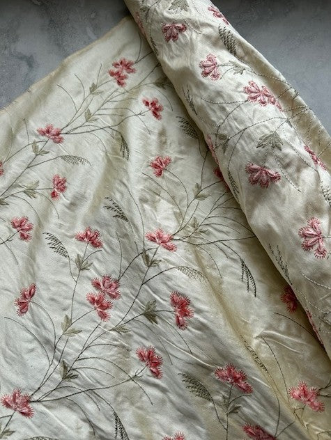 100% DUPION SILK - BUTTER CREAM BASE WITH PINK VELVET FLOWER BUDS WITH COTTON EMBROIDEREY