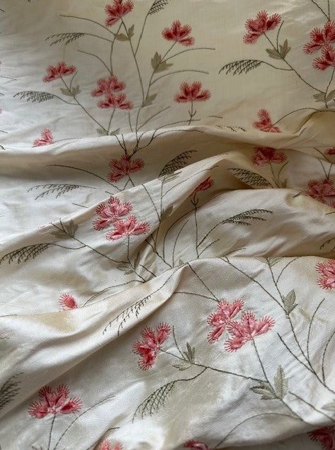 100% DUPION SILK - BUTTER CREAM BASE WITH PINK VELVET FLOWER BUDS WITH COTTON EMBROIDEREY