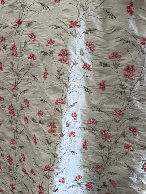 100% DUPION SILK - BUTTER CREAM BASE WITH PINK VELVET FLOWER BUDS WITH COTTON EMBROIDEREY