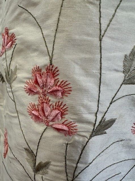 100% DUPION SILK - BUTTER CREAM BASE WITH PINK VELVET FLOWER BUDS WITH COTTON EMBROIDEREY