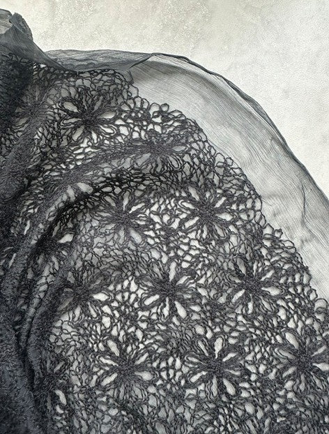 ITALIAN COTTON EMBROIDERY ON A BLACK SILK GEORGETTE BASE (2m Length)