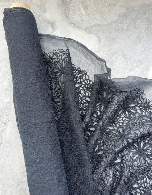 ITALIAN COTTON EMBROIDERY ON A BLACK SILK GEORGETTE BASE (2m Length)
